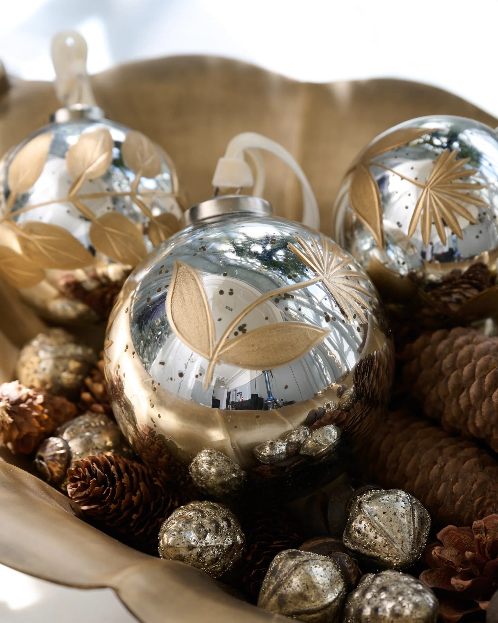 Mercury Glass and Gold Botanical Ornament Set of Six | Magnolia