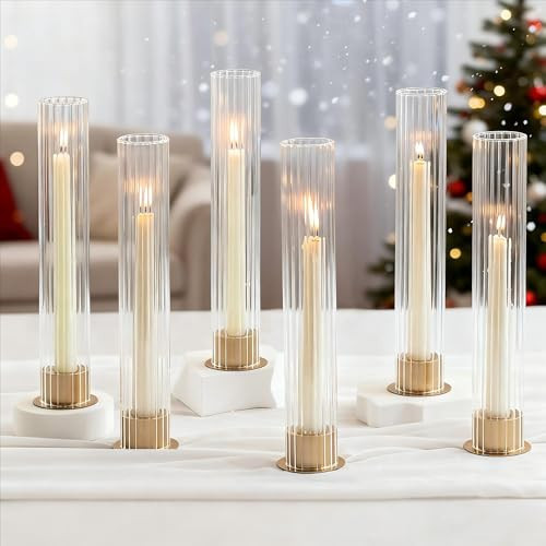 NUPTIO Candlestick Holder with Fluted Hurricane: Set of 6 Metal Candle Holders with Glass Cylinders - Gold Taper Candleholders for Birthday Valentine Wedding Table Centerpiece Outdoor Decor | Amazon (US)