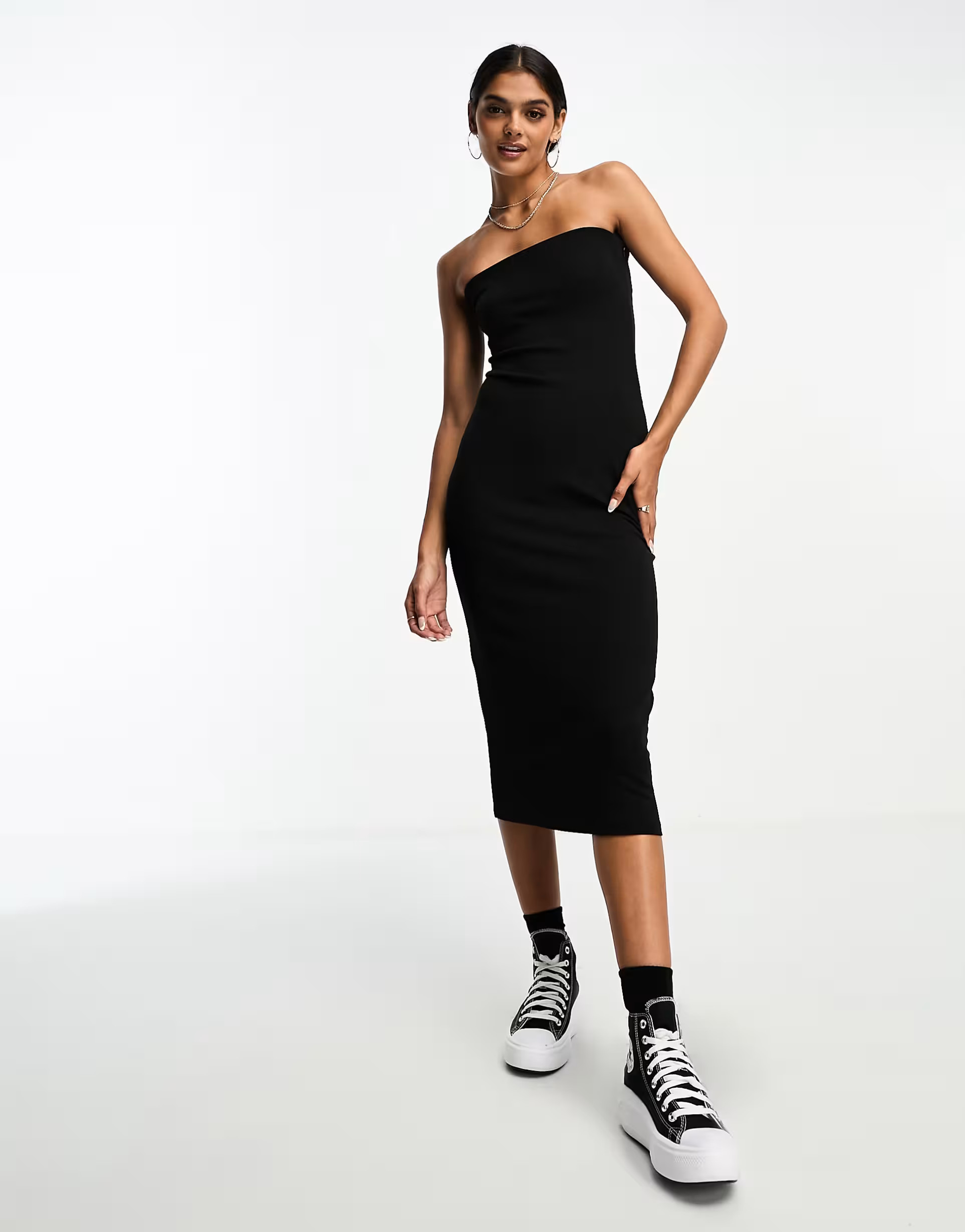 Mango fitted bandeau bodycon midi dress in black | ASOS (Global)