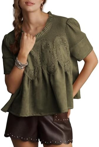 Women's Lace Detail Faux Suede Peplum Swing Tops Short Sleeves Crew Neck Babydoll Blouse | Amazon (US)