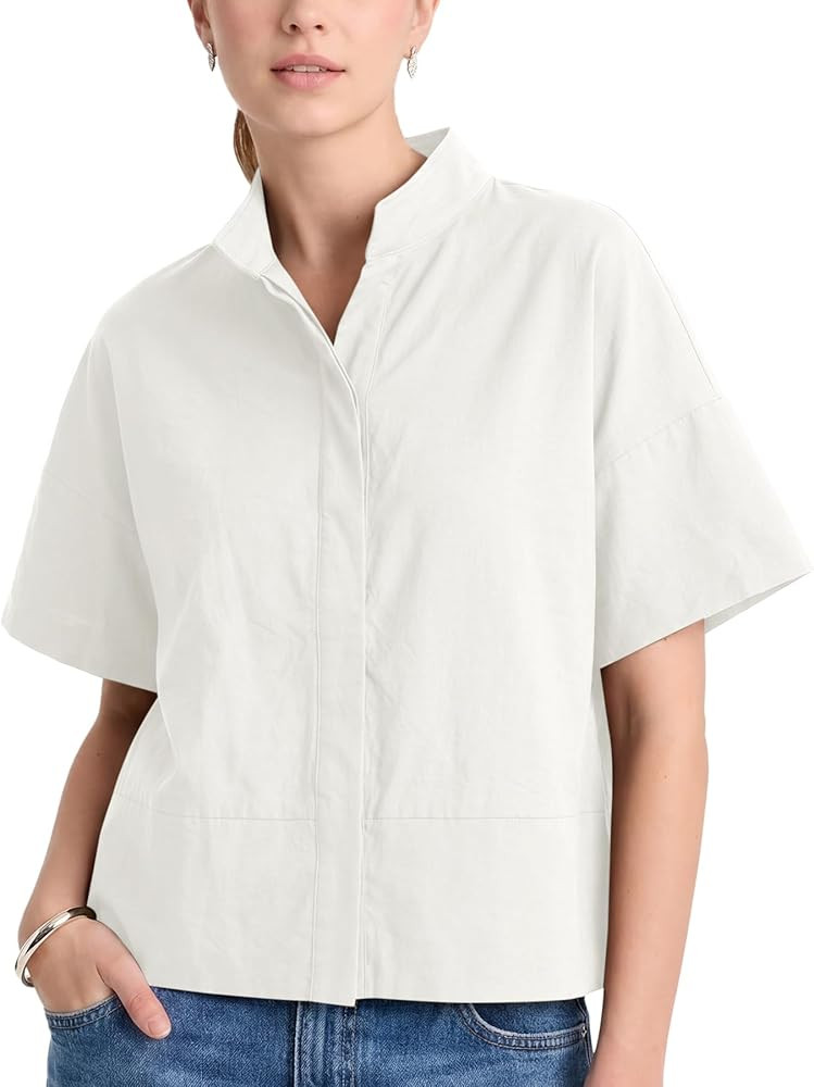 Ainangua Women Casual Button Down Shirts Oversized Short Sleeve Stand Collar Tops Trendy Work Blo... | Amazon (US)