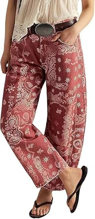 Women's Mid Rise Barrel Jeans Bandana Floral Print Wide Leg Denim Pants | Amazon (US)