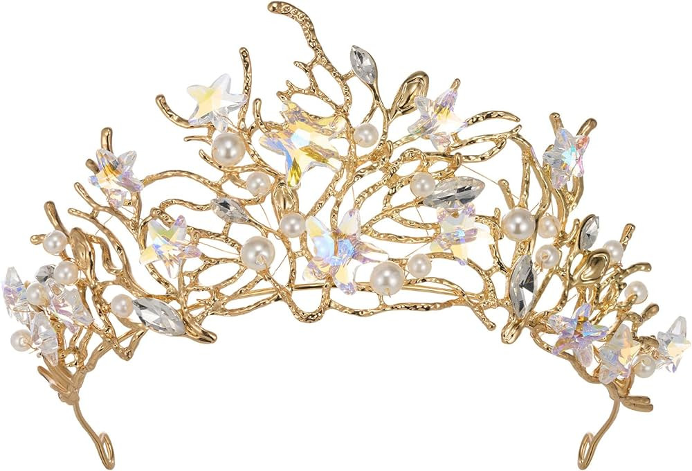 SWEETV Mermaid Tiara for Girls Women, Gold Princess Crown Diadem, Jeweled Headpiece Costume Hair ... | Amazon (US)
