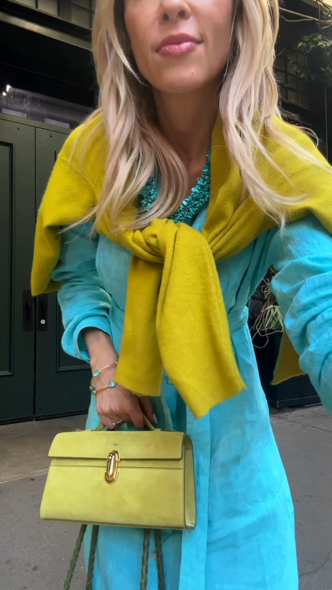 Chartreuse + Turquoise NYC street style this week.

#LTKdayinmylife #LTKootd #LTKOver40