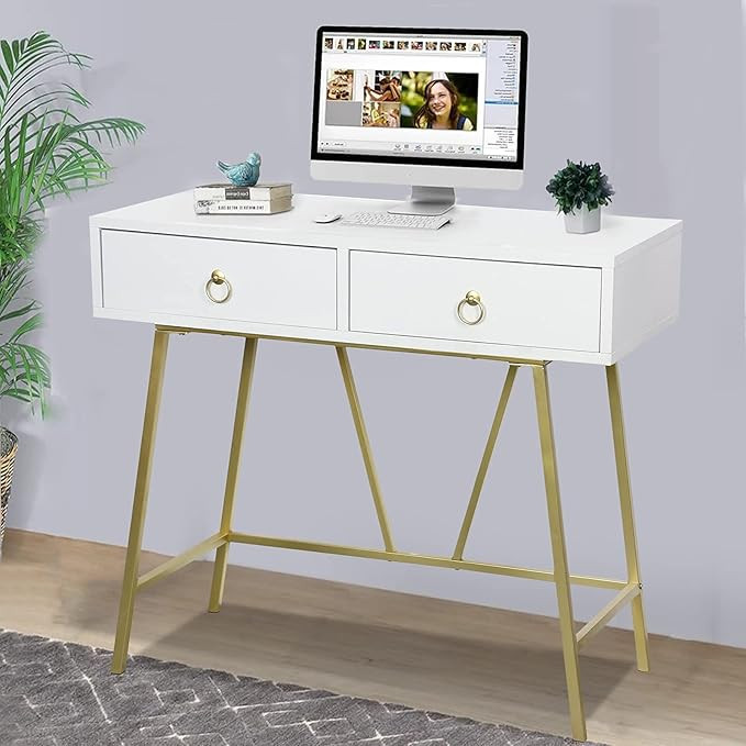 Modern White Home Office Desk, 35.4 Inch Makeup Vanity Console Table Study Desk Writing Desk Comp... | Amazon (US)