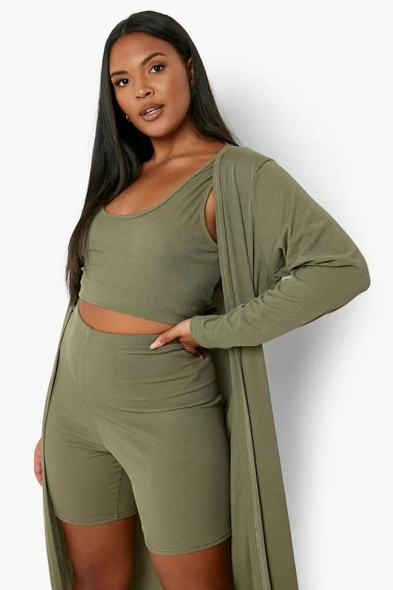 Plus Rib 3 Piece Cycle Short Co-ord | Boohoo.com (US & CA)