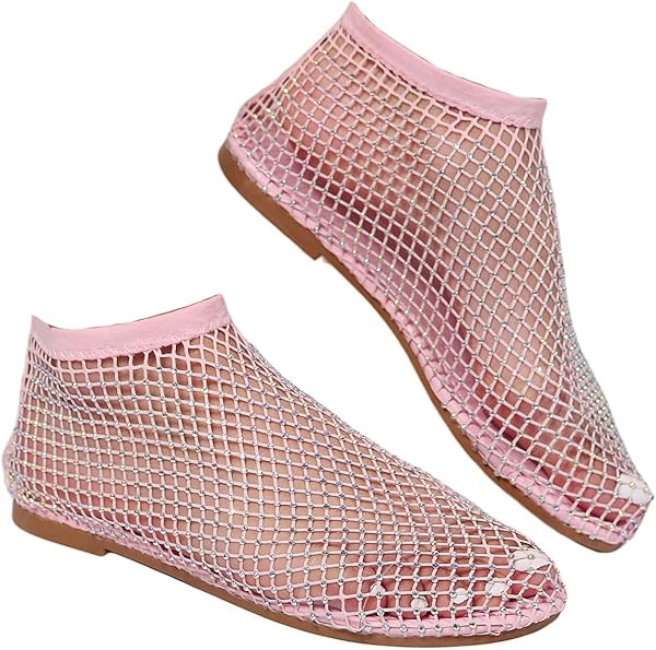 Ultra Comfortable Mesh Flats for Women Fishnet Sandals Low Heel Slip on Rhinestone Shoes | Amazon (US)