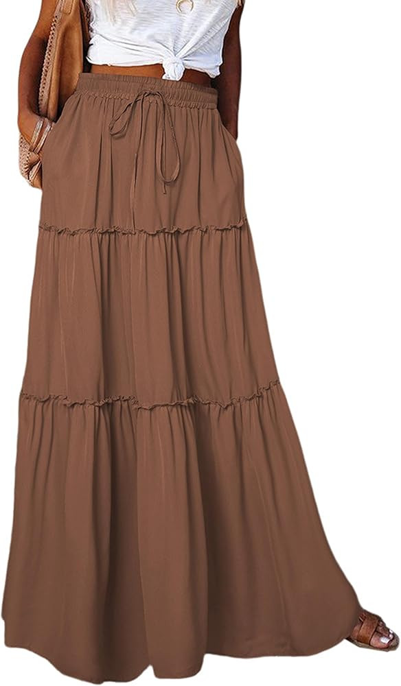 ALUWU Women's Long Maxi Bohemian High Waist A Line Skirt with Pockets | Amazon (US)