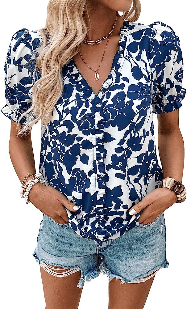 SweatyRocks Women's Boho Floral Print Short Puff Sleeve Top Casual Ruffle Trim V Neck Blouse Shir... | Amazon (US)