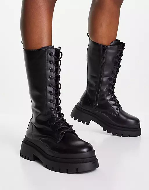 Truffle Collection wide fit lace up chunky boots in black | ASOS (Global)