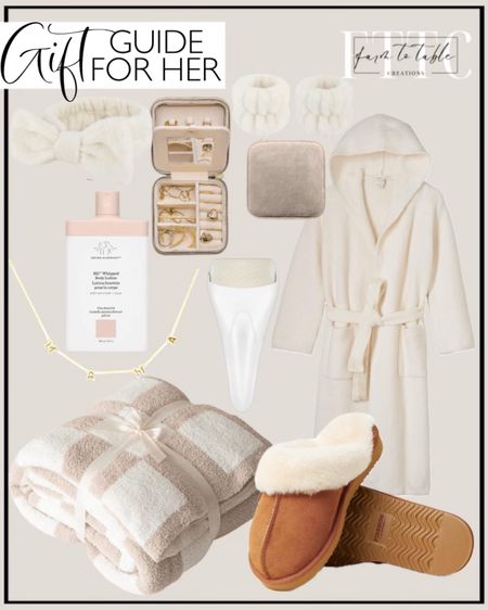 Gift Guide For Her. Follow @farmtotablecreations on Instagram for more inspiration. Barefoot Dreams CozyChic Ribbed Hooded Robe. Limited-time deal: Dearfoams Women's Fireside Sydney Shearling Fur Indoor/Outdoor Scuff Slipper with Wide Widths. Plush Velvet Travel Jewelry Box Organizer | Travel Jewelry Case, Jewelry Travel Organizer | Small Jewelry Box for Women, Jewelry Travel Case | Earring Organizer with Mirror. Fronnor Ice Roller for Face,Eyes,Women Gifts Idea,Therapeutic Cooling to Tighten Brighten Complexion and Reduce Wrinkles,Massager Under Eye Puffiness,Migraine and Pain Relief (White). Benevolence LA Mama Necklace Dainty Necklace, 14k Gold Dipped Necklaces For Women, Gifts for Mom | Gold Necklace, Mom Necklace, Necklaces for Mom, Travel Accessories for Women, Designed in California. Drunk Elephant Sili Whipped Body Lotion. Deeply Moisturizes, Replenishes, and Soothes. WHAVEL 6PCS Spa Headband and Wristband Set, Face Wash Headband Makeup Skincare Headband Wrist Bands for Washing Face. Ultra Soft Cozy Buffalo Checkerboard Grid Fluffy Microfiber Knitted Throw Blanket Lightweight Fleece Checkered Blanket for Sofa Couch Bed Travel Cream. Gifts for Mom. Gifts for Sister. Gifts for BFF. Christmas Gifts. 

#LTKfindsunder50 #LTKbeauty #LTKGiftGuide