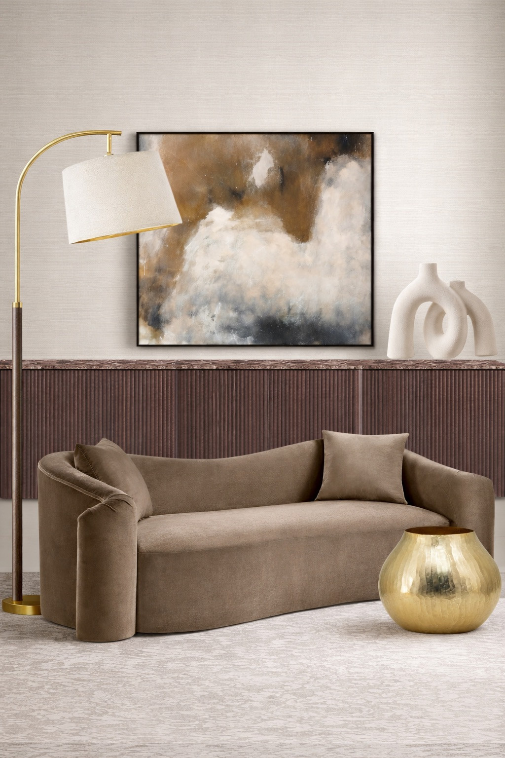 RH inspired living room with a brown velvet curved back sofa, oversized brown sideboard cabinet, modern art, sculptural decor, brass vase, and modern lamp.

amazon home, modern home, RH inspired 

 #LTKHome #LTKSaleAlert