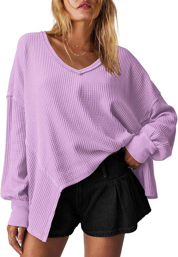 LAMISSCHE Womens Waffle Knit Long Sleeve Shirts Oversized V Neck Thermal Tunic Tops Workout Batwi... | Amazon (US)