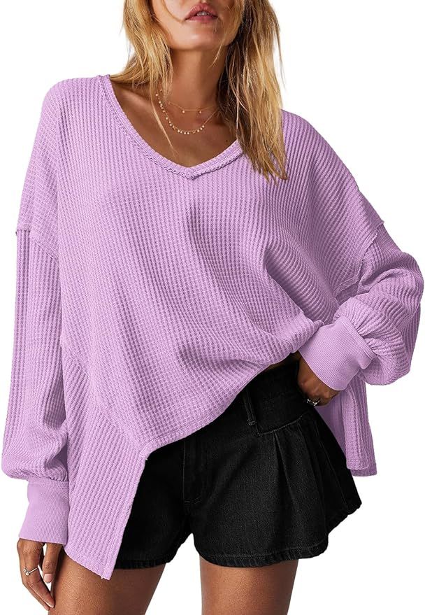 LAMISSCHE Womens Waffle Knit Long Sleeve Shirts Oversized V Neck Thermal Tunic Tops Workout Batwi... | Amazon (US)