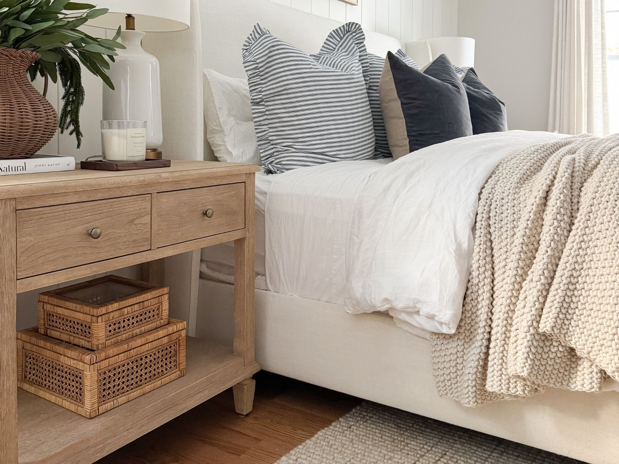 Neutral bedroom styling! A neutral bedroom layered with natural wood furniture, woven storage, and soft textiles for a calm and inviting retreat. Neutral bedroom decor, coastal bedroom style, layered bedding, woven storage, warm wood bedroom, serene bedroom design, timeless bedroom styling, Sherri calnan home

#LTKHome
