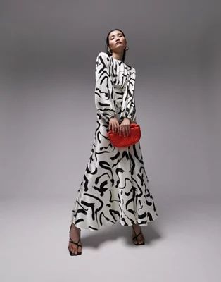 Topshop long sleeve maxi dress in mono squiggle print | ASOS (Global)