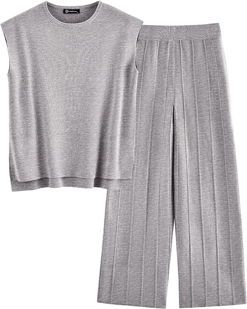 PRETTYGARDEN Women's 2 Piece Outfits Knit Loungewear High Low Pullover Tops and Wide Leg Pants Ca... | Amazon (US)