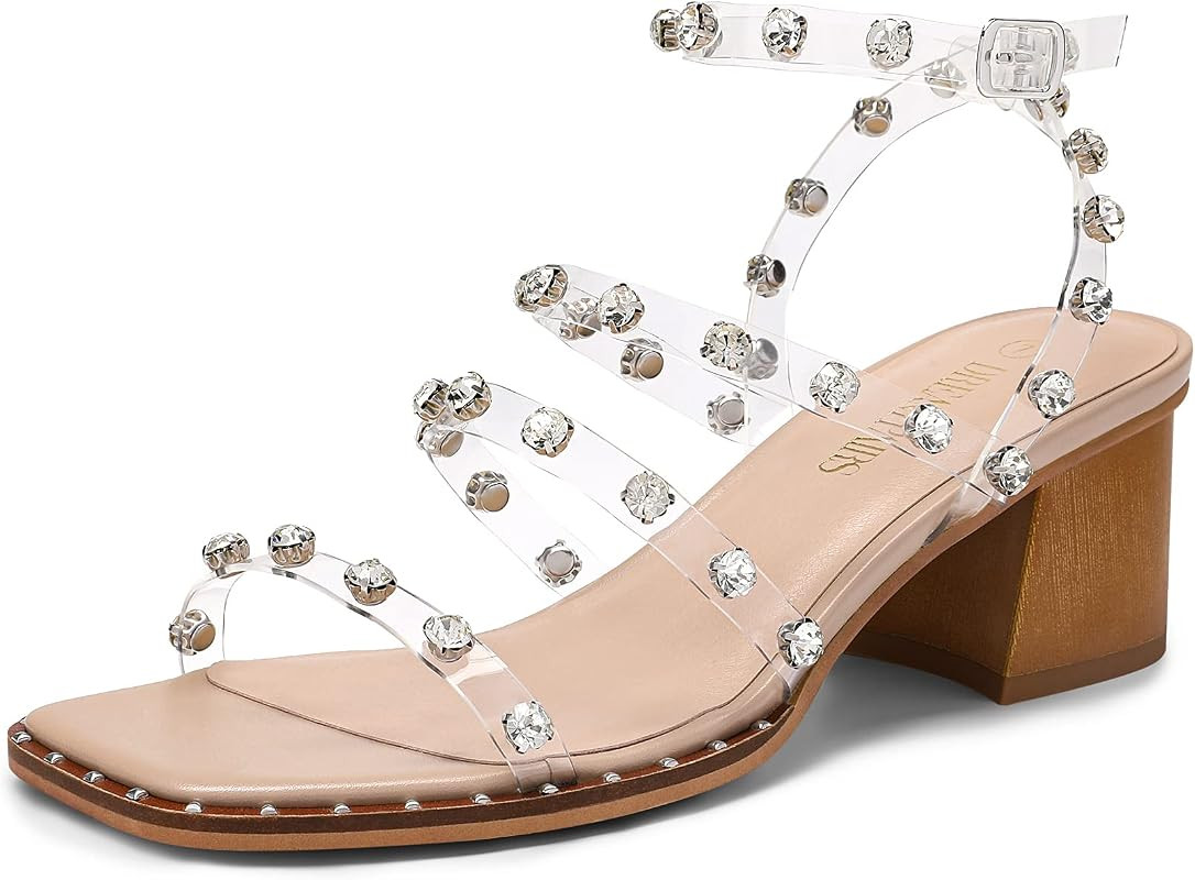 DREAM PAIRS Clear Studded Rhinestone Heels for Women Sexy Chunky Block Square Toe Heels Wedding S... | Amazon (US)
