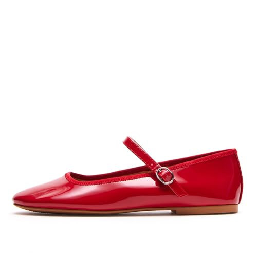DOEYG Red Ballet Flats for Women Round Toe Patent Leather Mary Jane Flats Buckle Mary Janes Shoes Cap Toe Ballerina Flats with Strap Low Heel Comfort Casual | Amazon (US)
