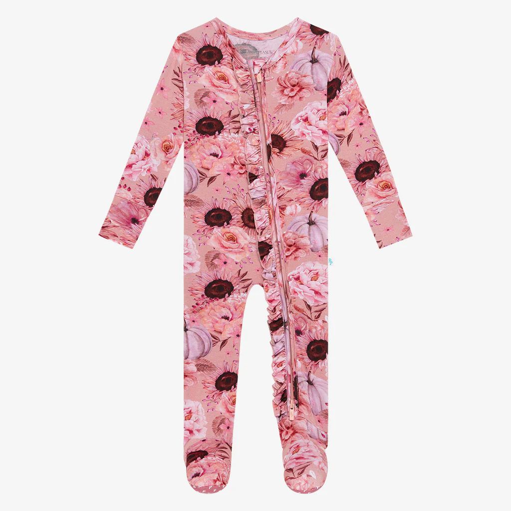 Pumpkin Floral Pink Baby Girl Footie Pajamas | Liliana | Posh Peanut