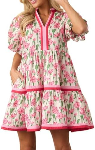 Lordree Women Boho Ruffle Sleeve Mini Dress Summer Trendy Floral Print Short Sleeve V Neck Cute B... | Amazon (US)