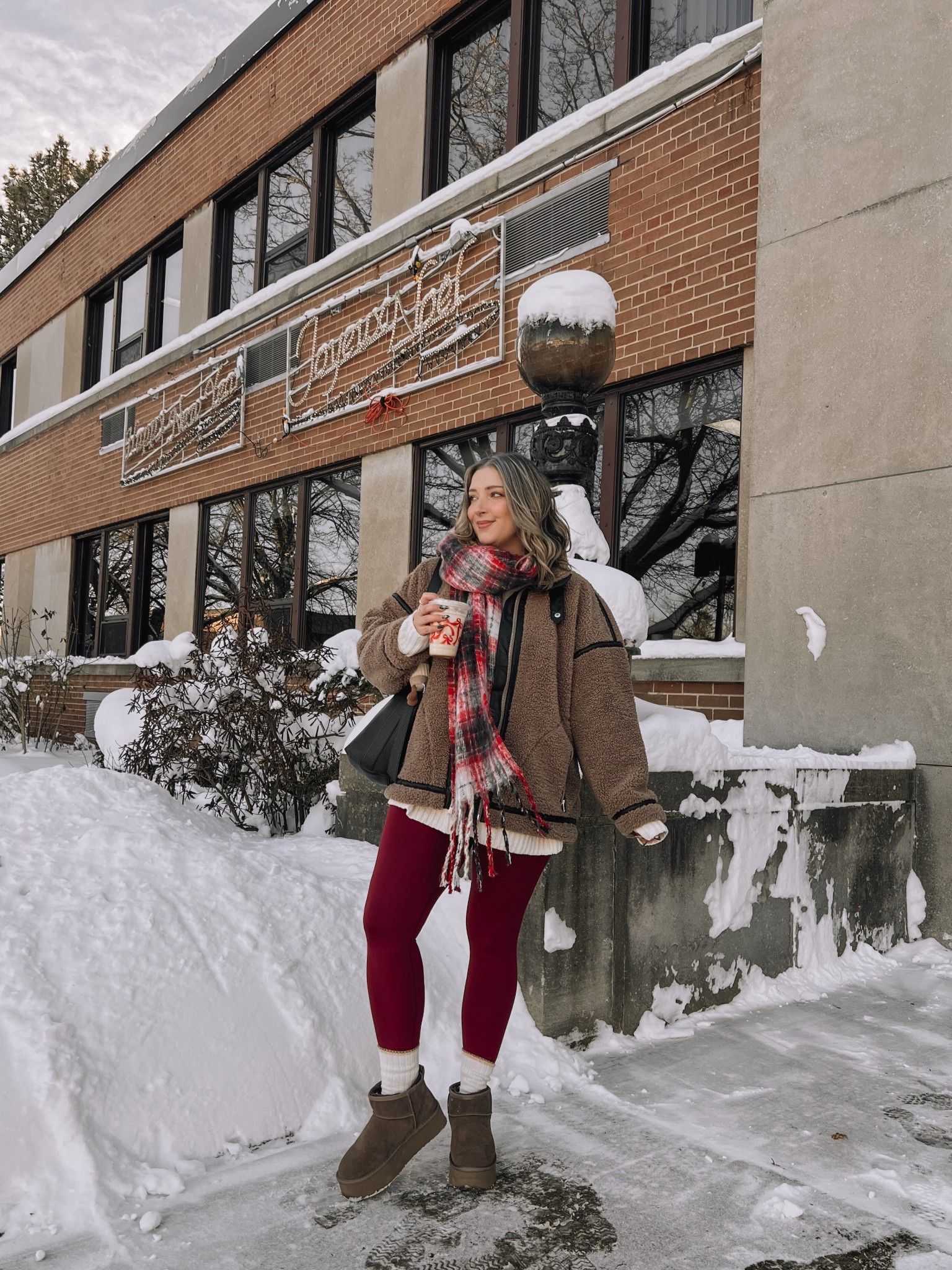Comfy winter outfit! Wearing my usual size L in the burgundy leggings and super soft chenille sweater. Ugg look for less boots are from Amazon and such good quality! I’m usually a 9.5-10 and wear a 10 in these. Linked similar sherpa jackets & festive plaid scarves 


#LTKmidsize #LTKwinter #LTKstyletip