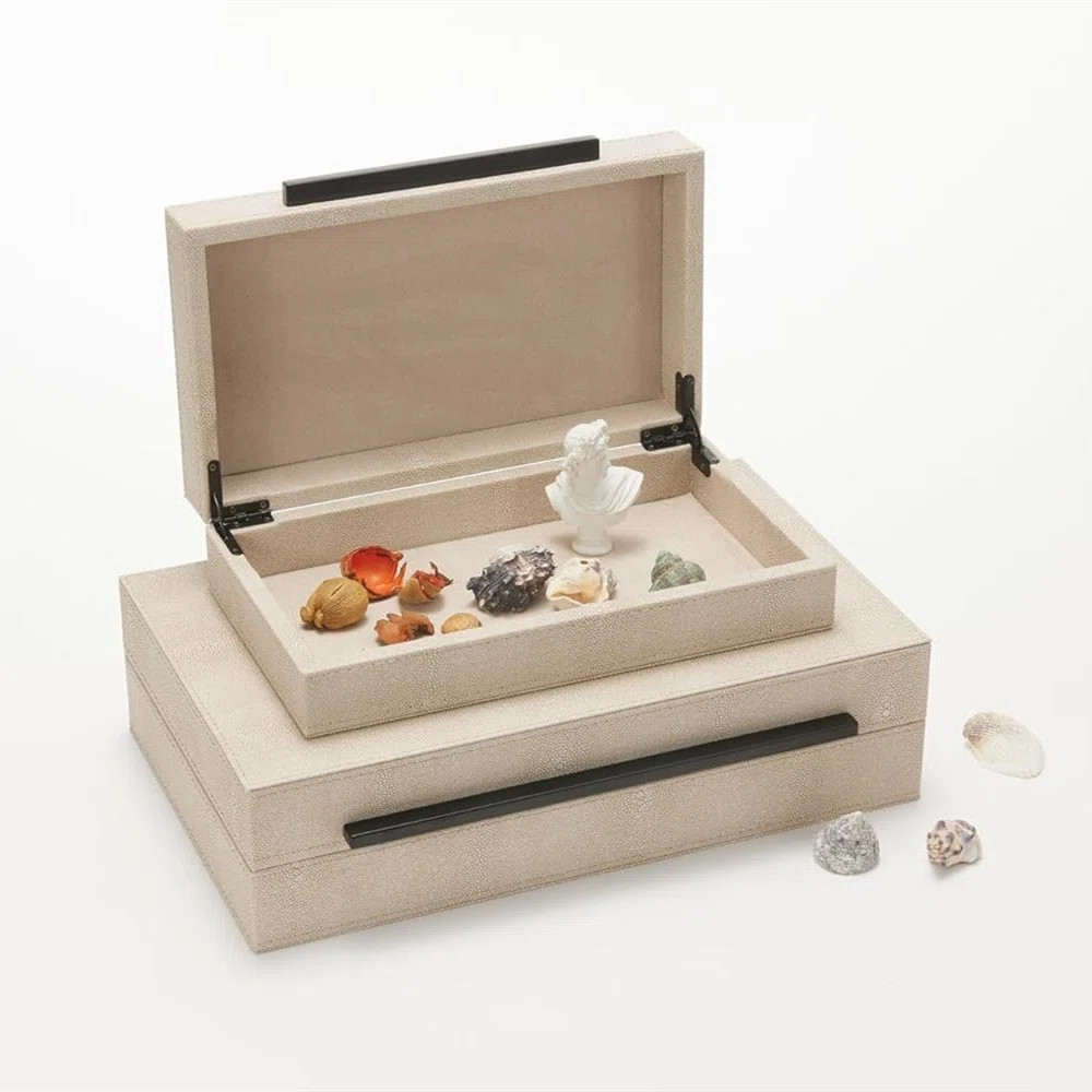 Set Of 2 Faux Leather Decorative Boxes With Black Metal Handles,Ivory (Set of 2) | Wayfair North America