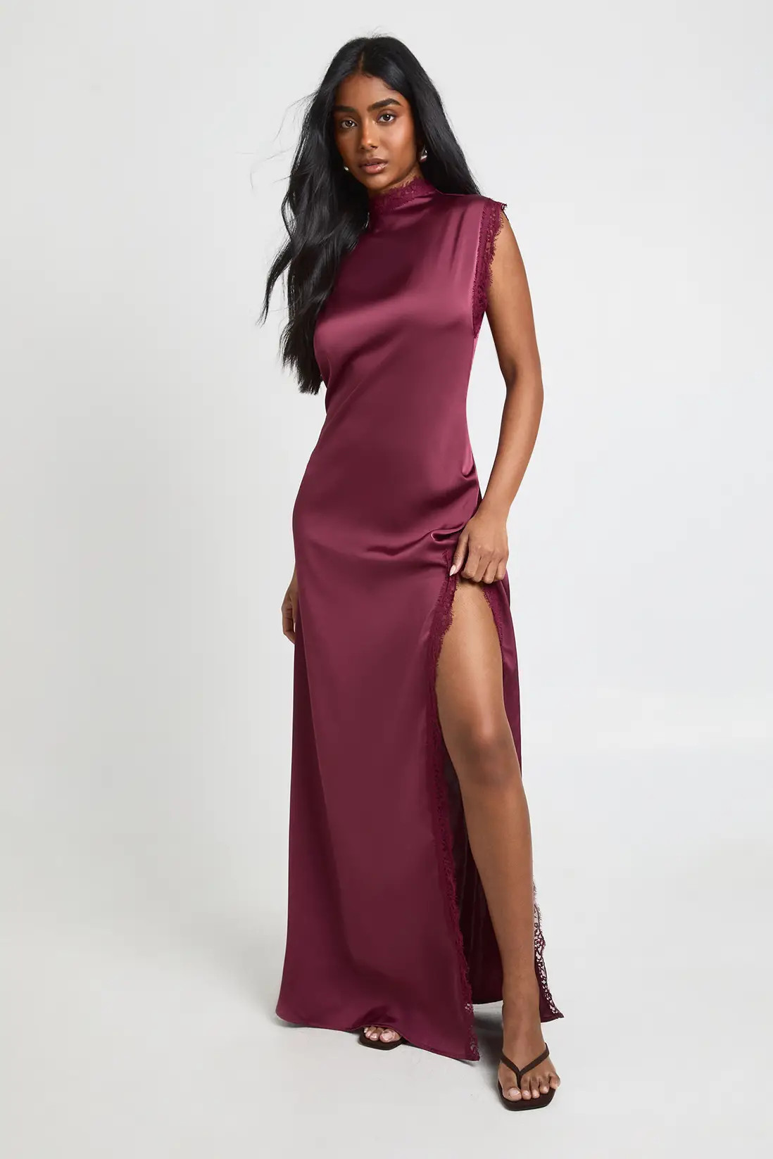 Plum Satin High Neck Maxi Dress with Lace Trim | Boohoo | Boohoo.com (UK & IE)