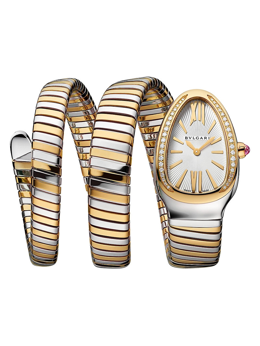 Women's Serpenti Tubogas Stainless Steel, 18K Yellow Gold & 0.293 TCW Diamond Double-Wrap Watch/35MM - Yellow Gold | Saks Fifth Avenue