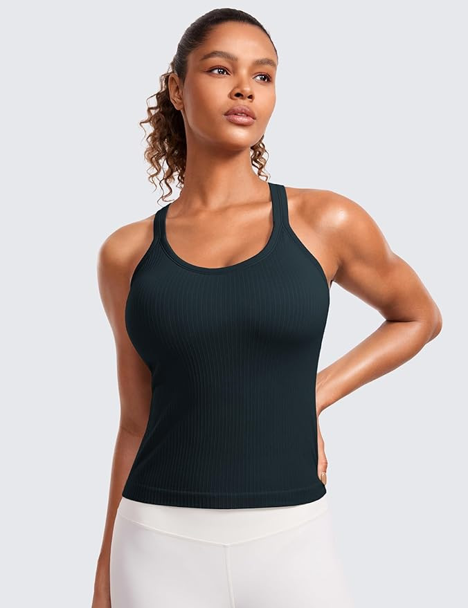 CRZ YOGA Seamless Ribbed Womens Tank Top Racerback Camisoles with Built in Bra Padded Scoop Neck ... | Amazon (US)