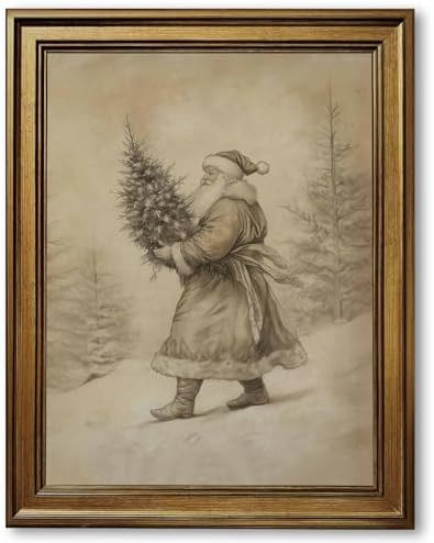 Gold Framed Vintage Santa Claus Wall Art Print Santa Holding Tree Poster Snowy Winter Forest Land... | Amazon (US)