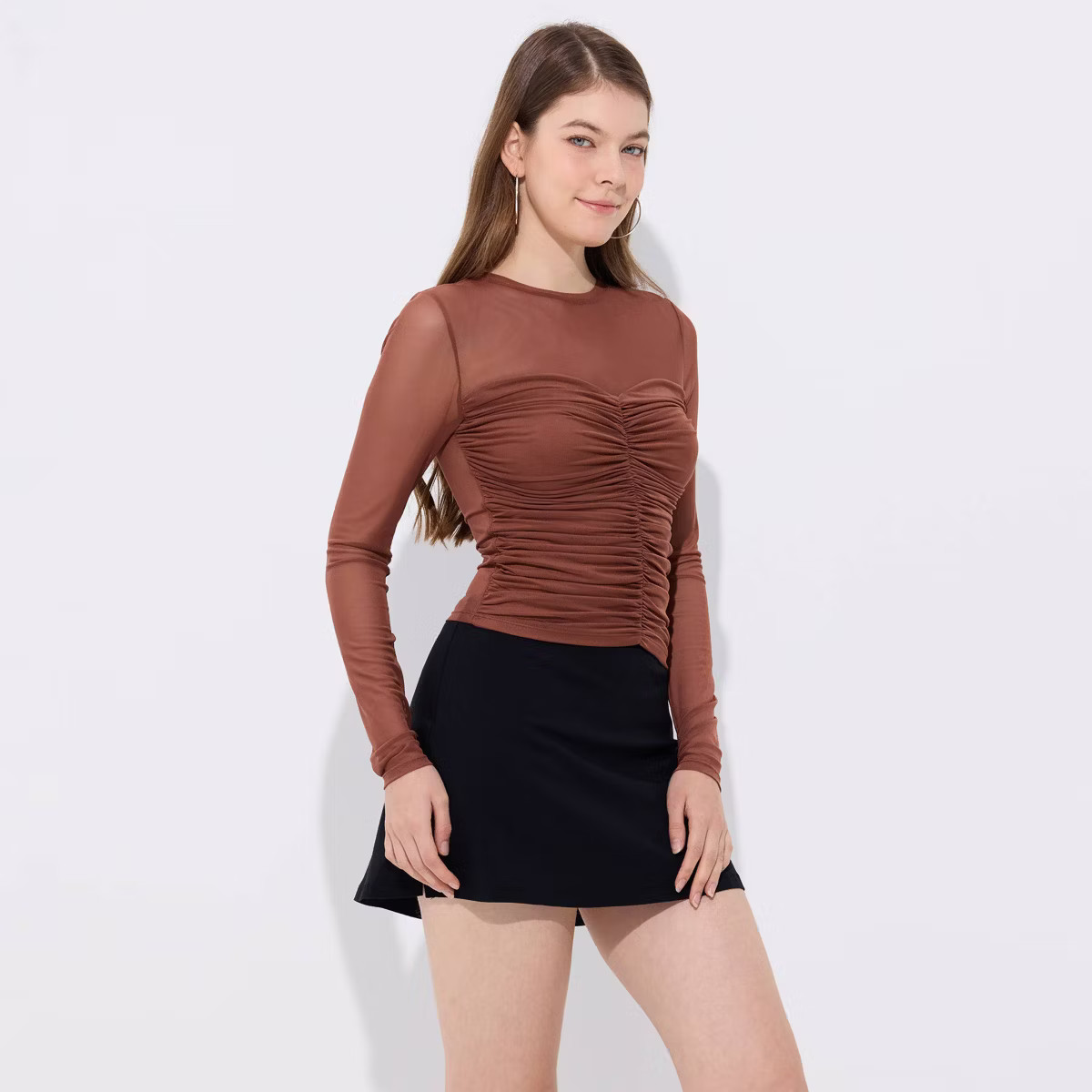 Women's Long Sleeve Ruched Front Mesh Top - Wild Fable™ Brown | Target