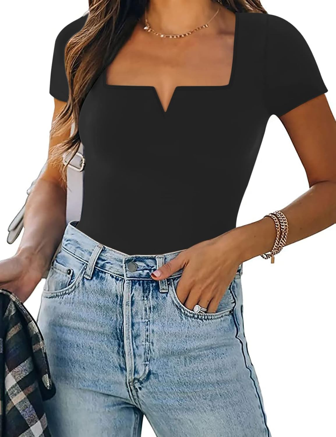 Saungkuai Women's Square Neck Notch V Neck Short Sleeve Thong Bodysuit Tops | Amazon (US)