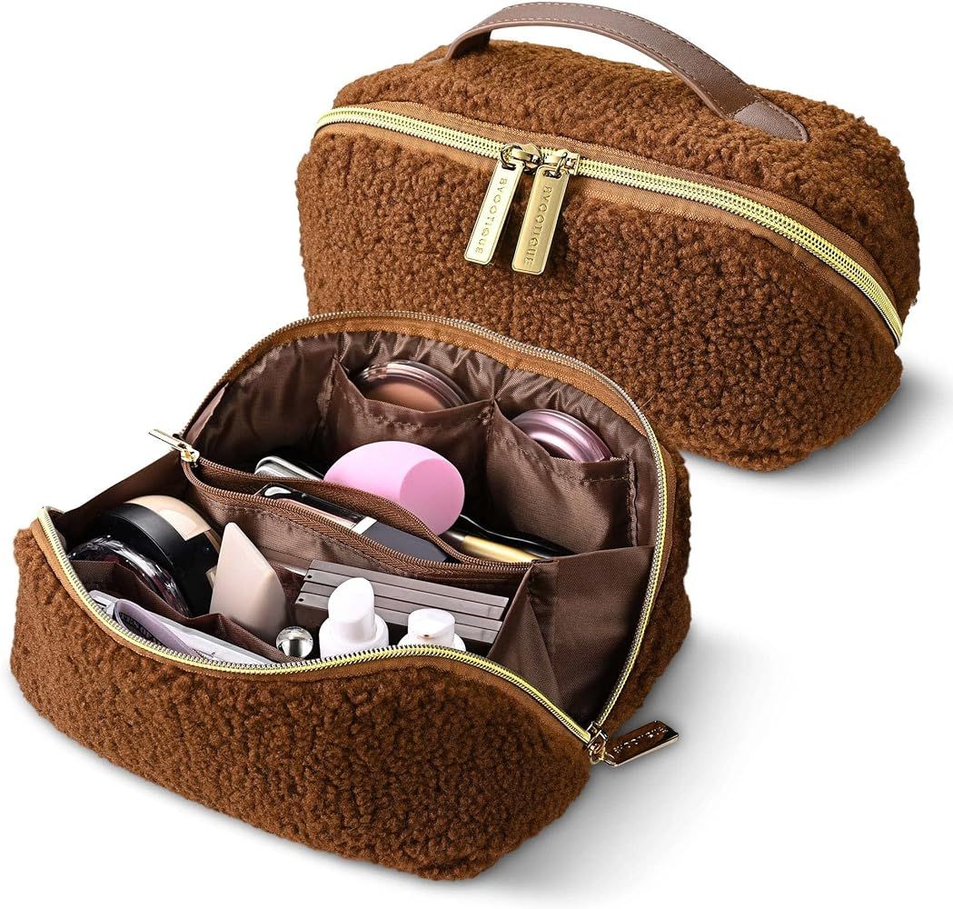 BYOOTIQUE Makeup Bag Plush Makeup Case Open Flat Travel Toiletry Accessories Organizer Cosmetic Bag  | Amazon (US)