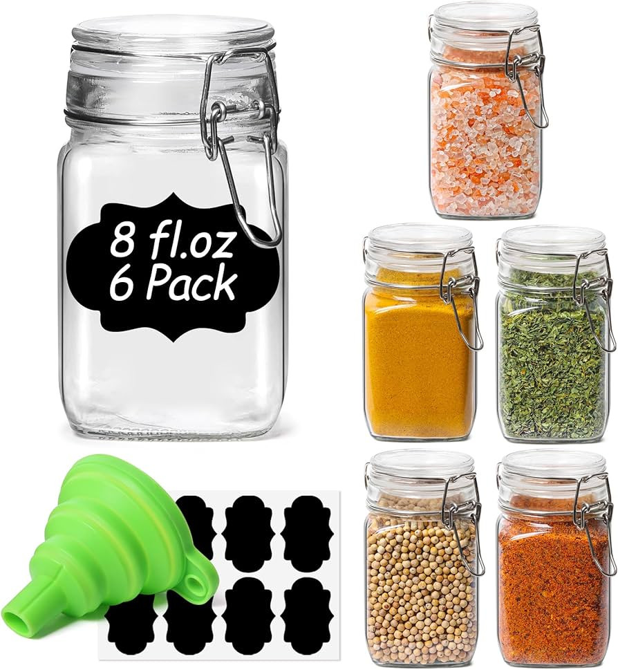 ComSaf Set of 6 Square Glass Jars with Airtight Lids (8 Oz), Pantry Canisters for Spices, Jams, &... | Amazon (US)