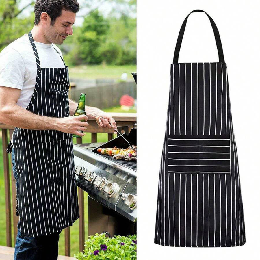 1PC Cooking Kitchen Striped Apron, Adjustable Bib Apron With 2 Pockets For Men Women Chef Apron | SHEIN
