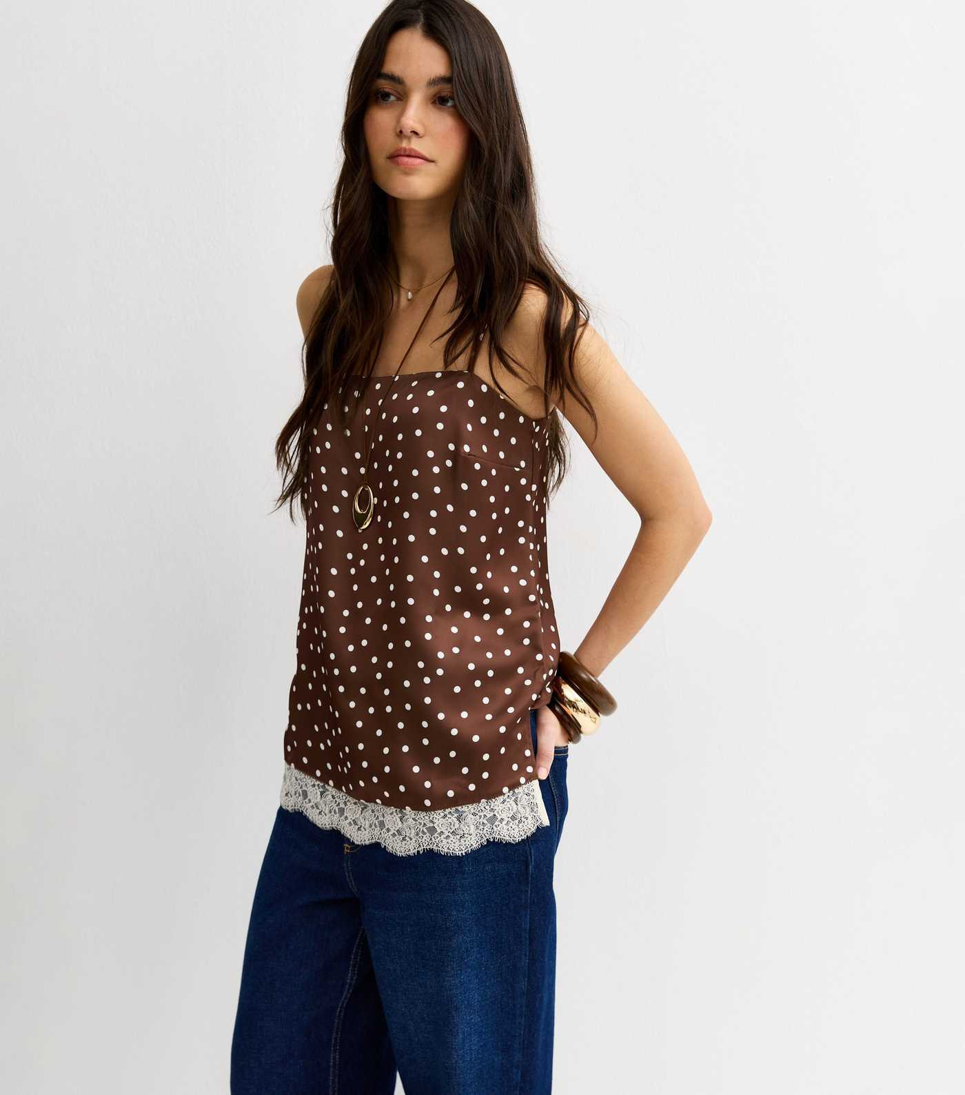 Brown Satin Polka Dot Lace Hem Cami Top | New Look | New Look (UK)