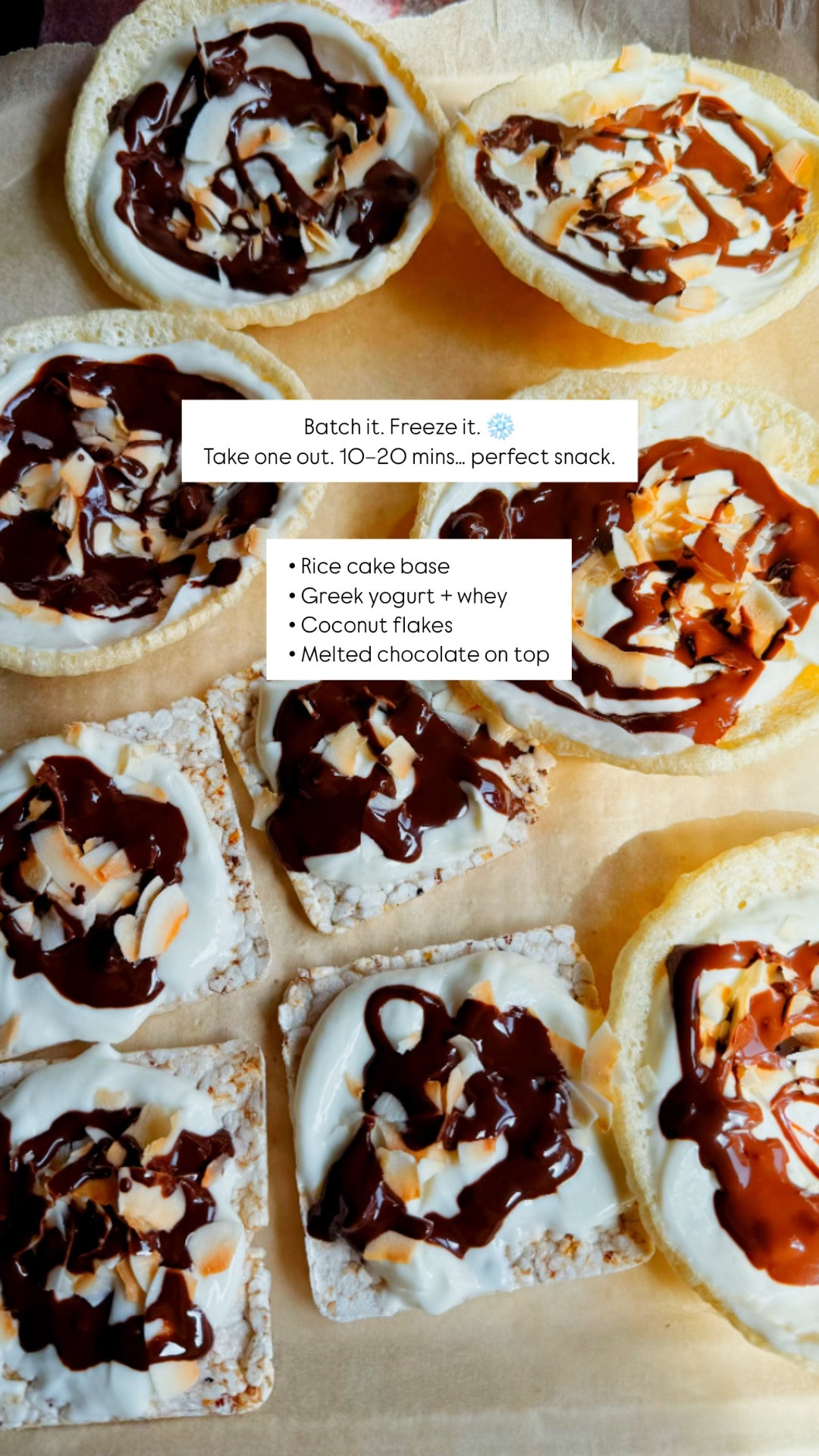 Mom life means no time to think, so I batch these high-protein frozen snacks with rice cakes, Greek yogurt, whey, coconut, and chocolate—quick to make, easy to grab, and actually taste like a treat. 😋

#momlifemadeeasy #quickmommeals #highproteinsnack #healthyfrozendessert #easymealprep #healthysnackideas #fitmomlife #balancedeating #proteinrecipes #busymlife #freezersnacks #momfuel #simplerecipes #wellnessroutine #realfoodideas

#LTKmomlife #LTKfoodie #LTKSaleAlert