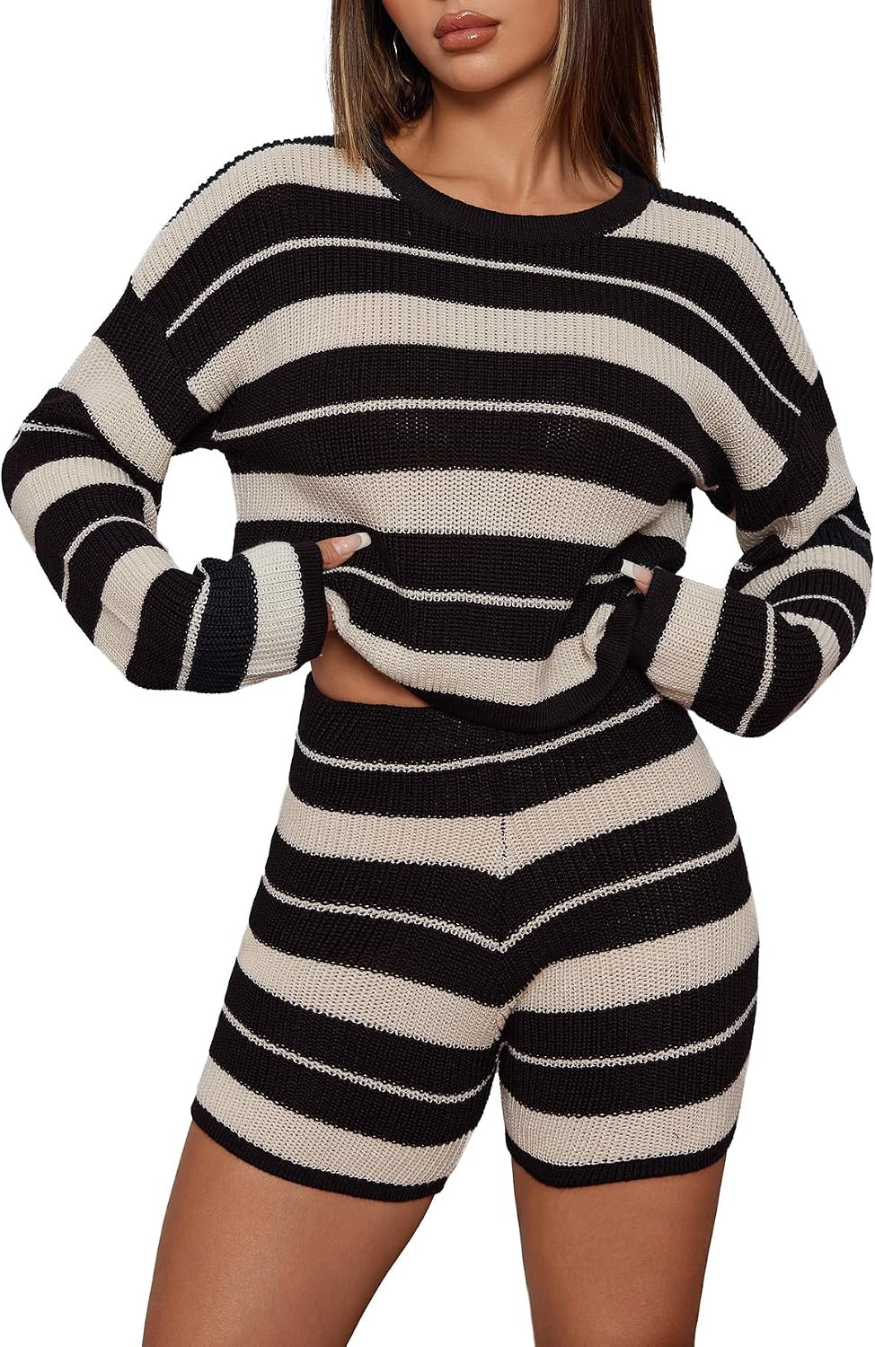 Verdusa Women's 2 Piece Outfit Striped Knitted Long Sleeve Sweater Top and Shorts Sets Black and White Medium | Amazon (US)