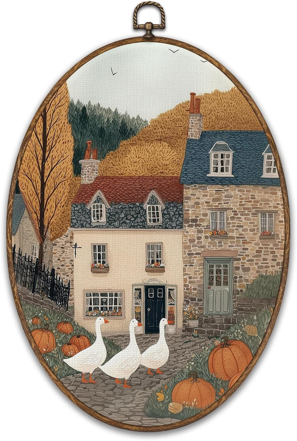 FCHHYWAL Vintage Goose Pumpkin Fall Oval Framed Wall Art, Cottagecore Autumn Geese Canvas Wall Art Prints Decor, Rustic Farmhouse Village Hanging Decor for Home Living Room Bathroom, 8.7 x 11.3 Inch | Amazon (US)
