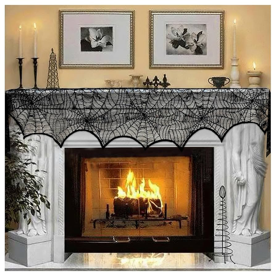 AerWo Halloween Decoration Black Lace Spiderweb Fireplace Mantle Scarf Cover Festive Party Suppli... | Amazon (US)