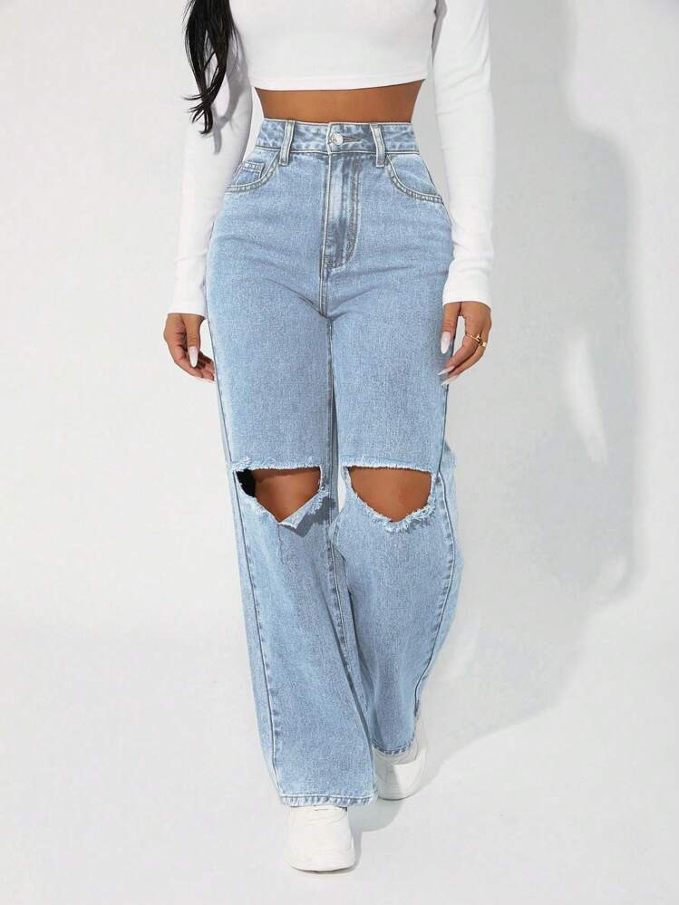 SHEIN PETITE Ripped Denim Jeans, Fashionable Design Suitable For Summer | SHEIN