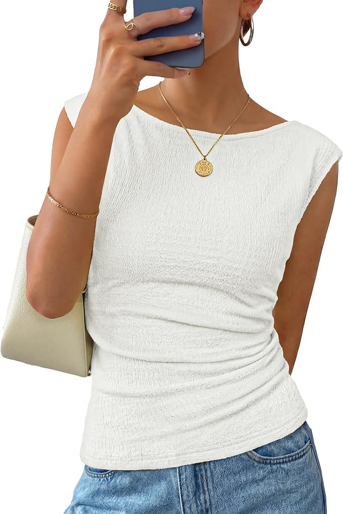 ZESICA Women's Summer Ruched Trendy Tank Top 2026 Cap Sleeve Boat Neck Slim Fit Spring Tops Going... | Amazon (US)