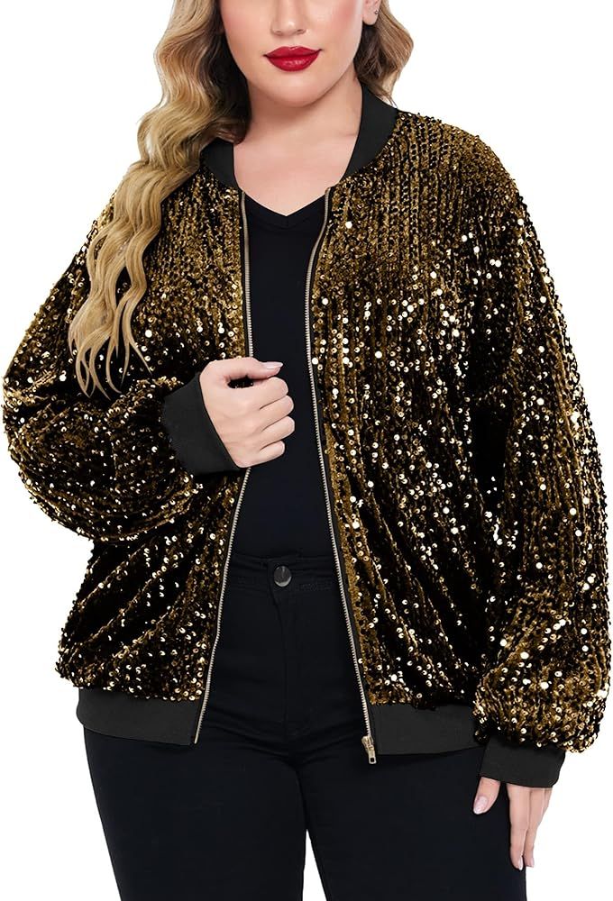 IN'VOLAND Womens Sequin Jacket Plus Size Sparkle Long Sleeve Jackets Front Zip Loose Casual Blaze... | Amazon (US)