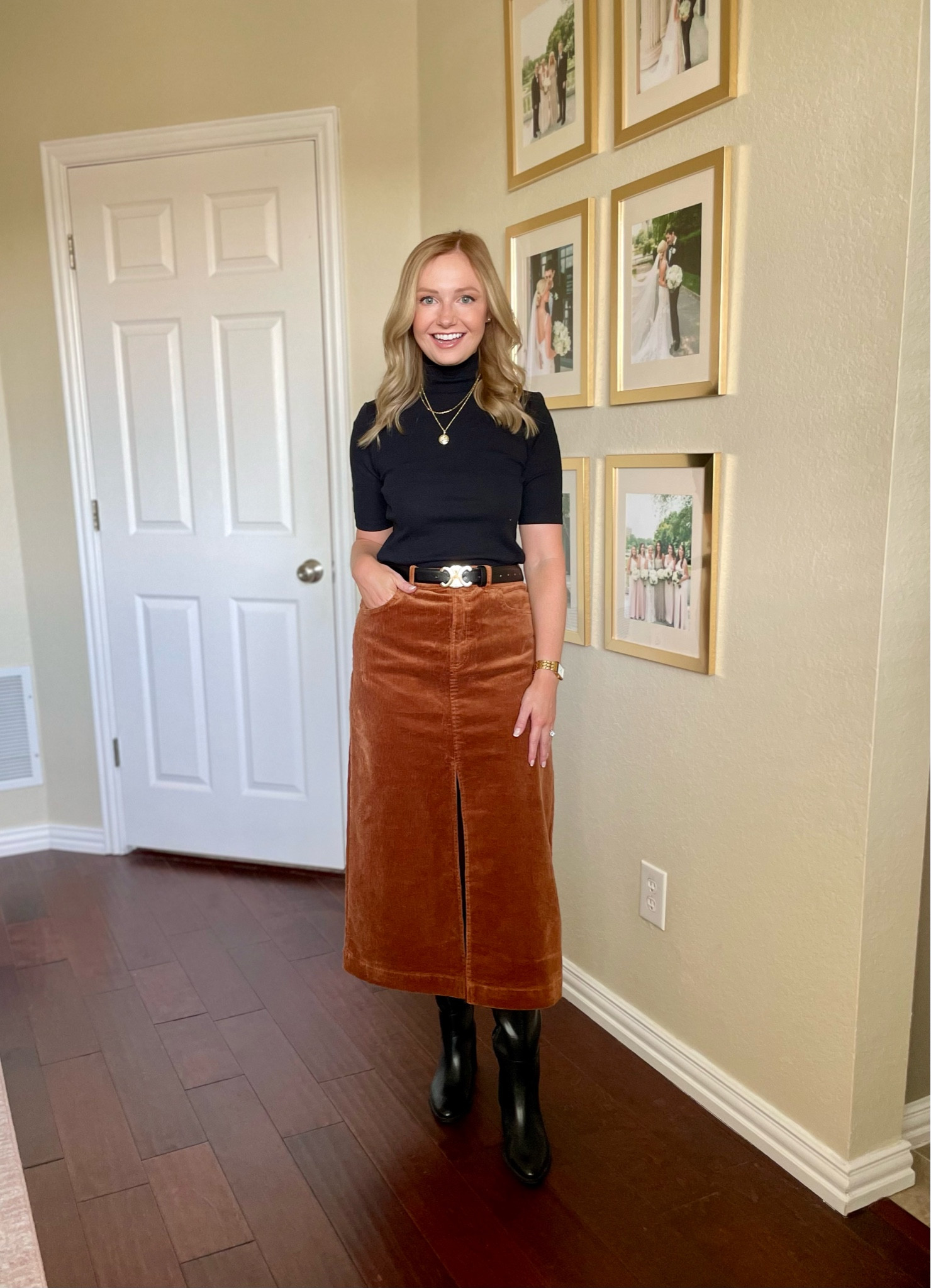 Skirt runs large! Wearing a 0 but could definitely use a 00. XS in top, boots are old but linked similar options | midi skirt, corduroy, corduroy skirt, brown skirt, fall outfit, fall workwear, wear to work, work outfit 

#LTKFallSale #LTKWorkwear #LTKSeasonal