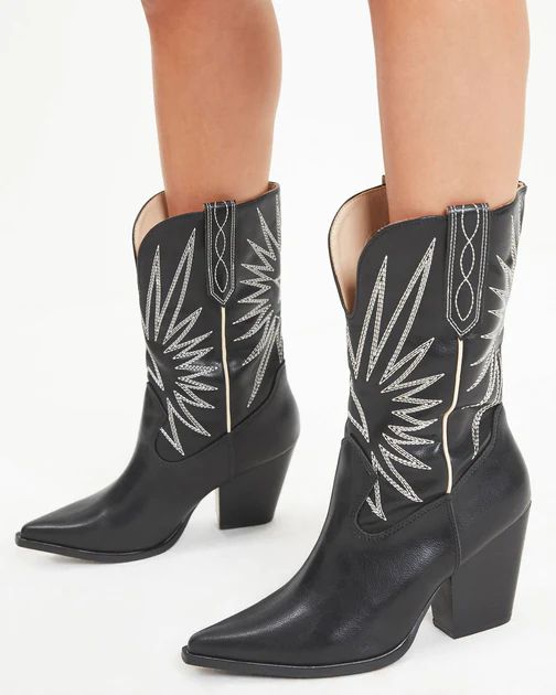 Liya Embroidered Heeled Western Boot - Black | VICI Collection