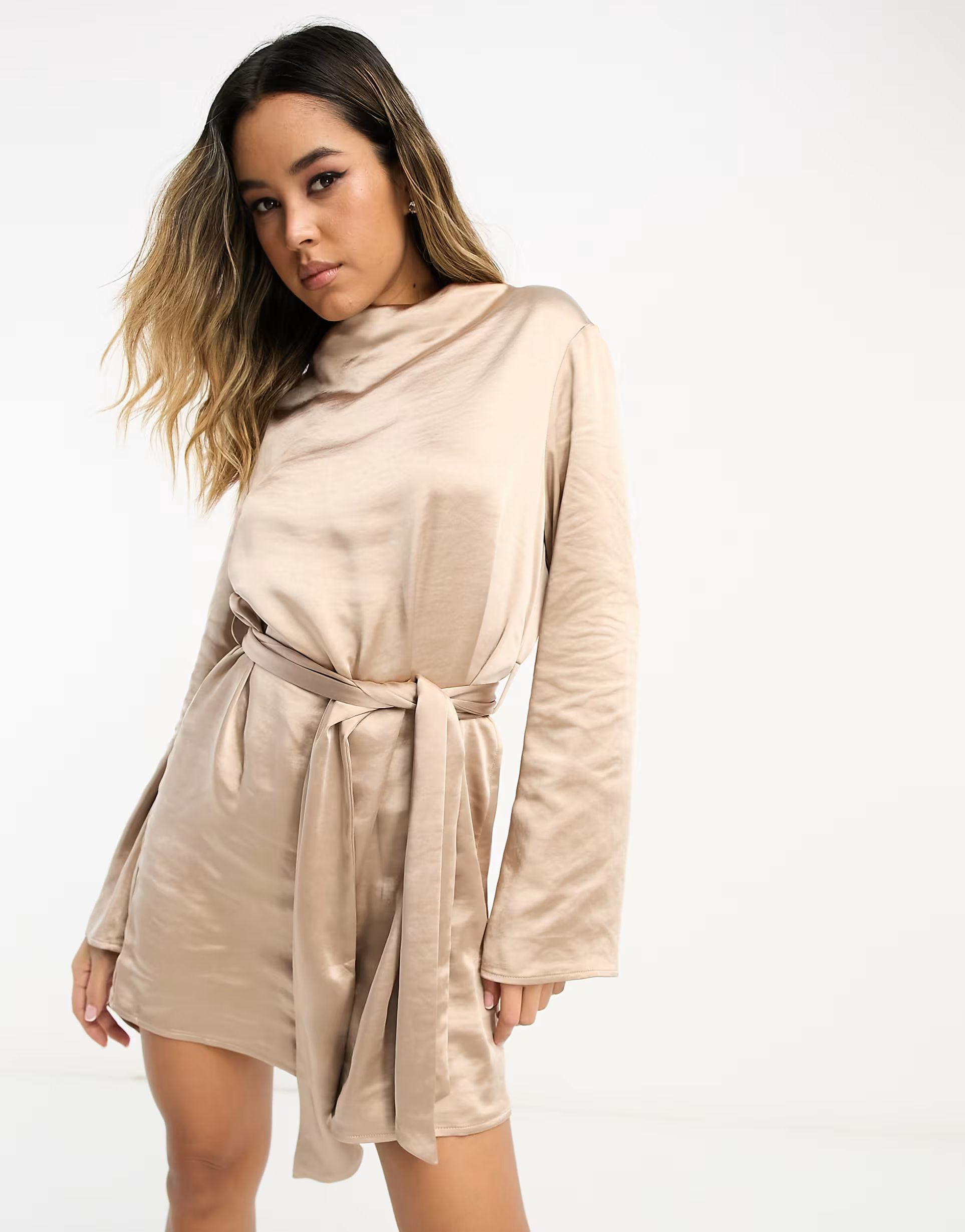 Pretty Lavish Jayda tie waist satin mini dress in mocha | ASOS (Global)