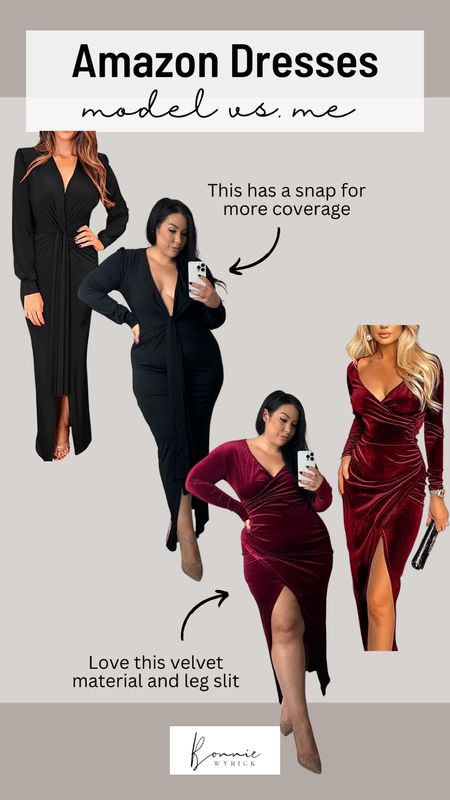 Amazon dresses and how they looked on the model vs how they look on me! These are great options for Christmas Eve, New Year’s Eve or holiday parties and winter weddings. 🖤 
Midsize Holiday Dress | Amazon Dress | Midsize Fashion | NYE Dress | Holiday Outfit | Winter Wedding Guest Dress

#LTKcurves #LTKunder50 #LTKHoliday