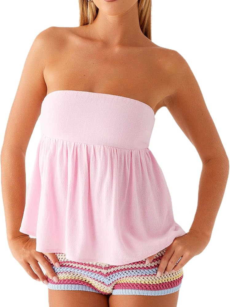 Womens\u2019s Ruffle Tube Tops Casual Strapless Peplum Flowy Bandeau Tank Top Sleeveless Blouse S... | Amazon (US)