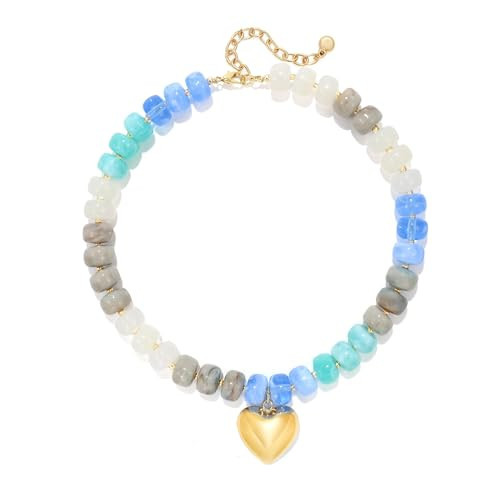 Chunky Heart Necklace for Women, Colorful Resin Beaded Choker, 14K Gold Plated Puffy Heart Pendant, Trendy Acrylic Statement Jewelry for Summer (Blue Mixed) | Amazon (US)